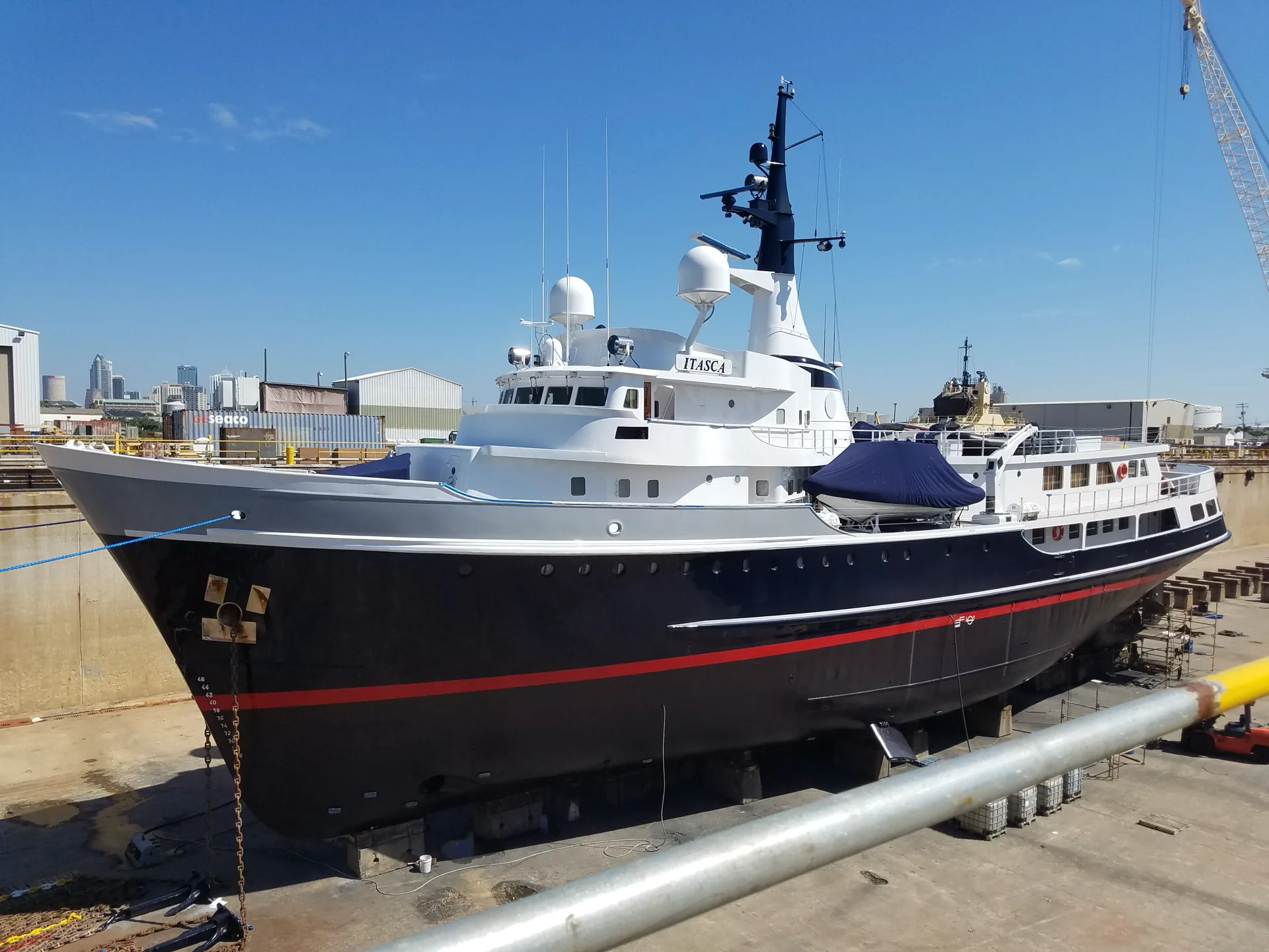 Expedition yacht standing on blocks in drydock
